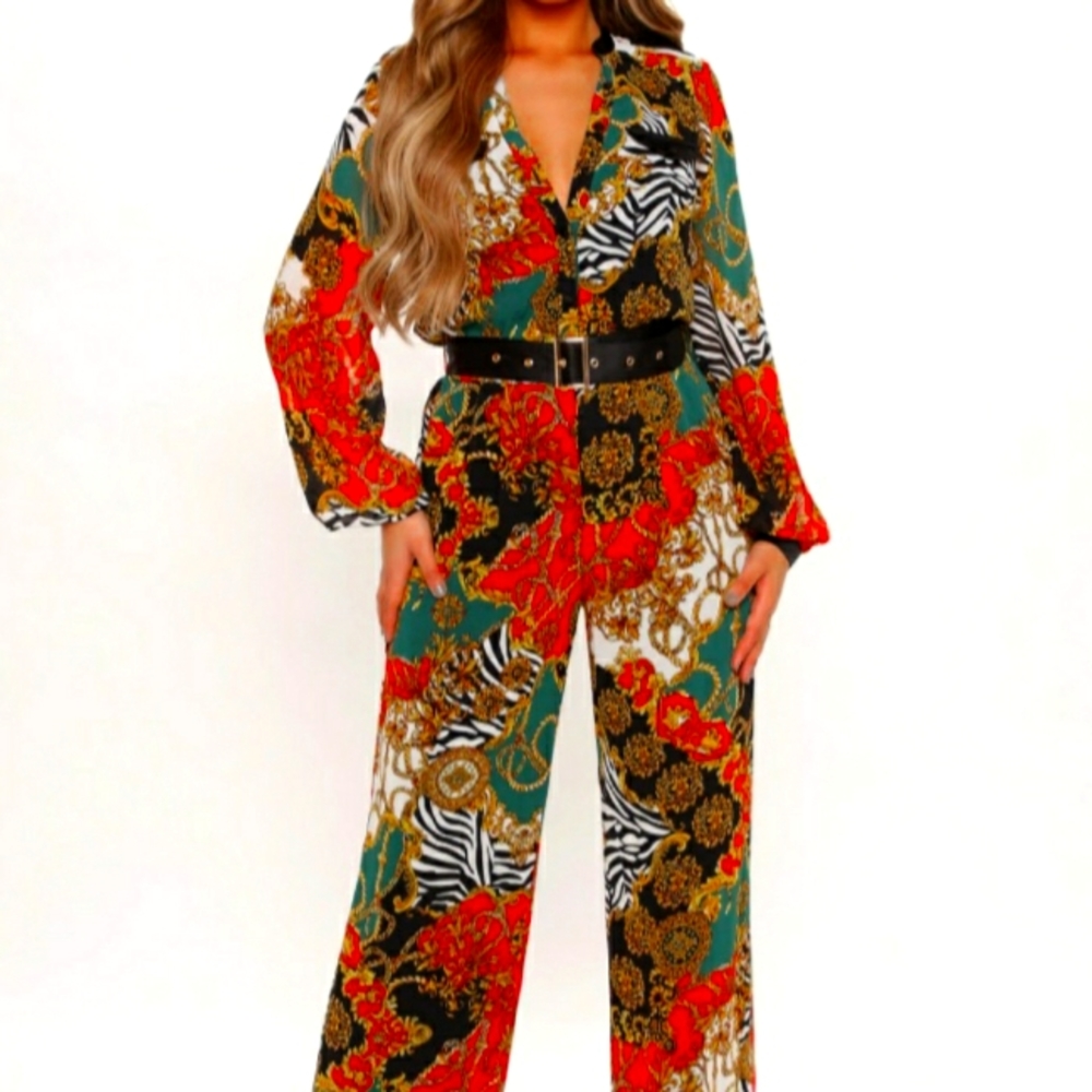 Driving me wild chiffon jumpsuit- Green/Combo